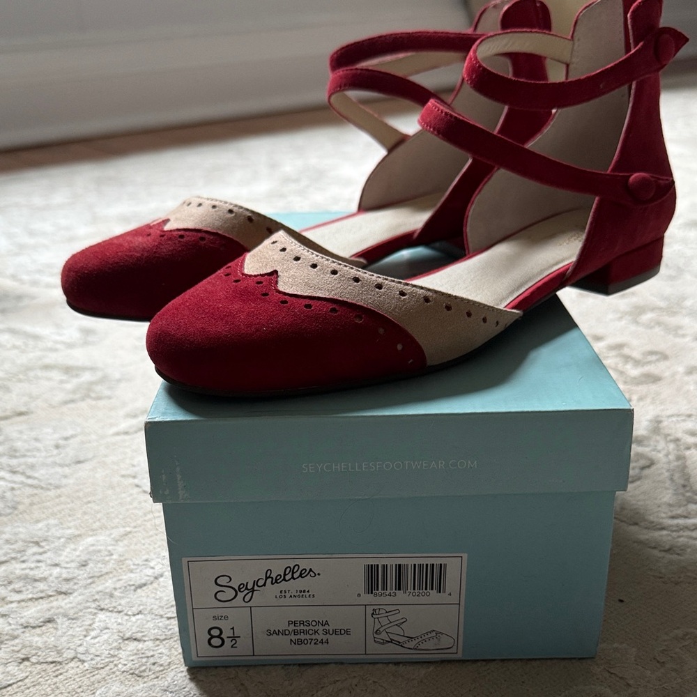 Seychelles Red and Tan Suede Flats, size 8.5, worn once, EUC